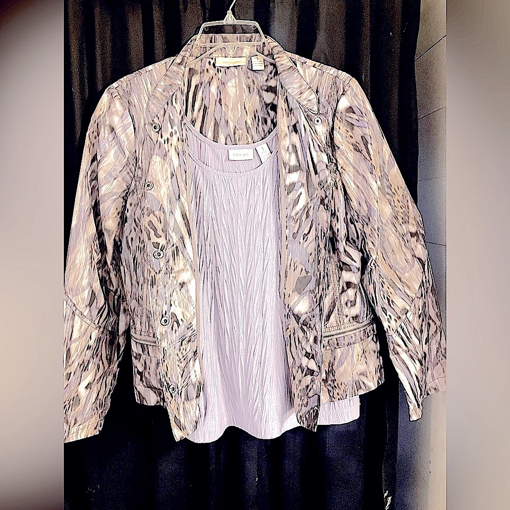 Chico’s lavender Shell tank top and companion jacket in lavender animal print.
